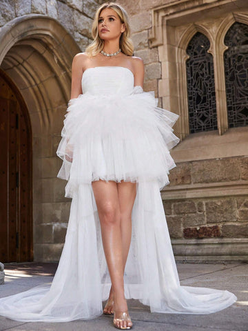 Off Shoulder Asymmetrical Hem Mesh Overlay Dress