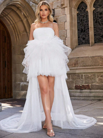 Off Shoulder Asymmetrical Hem Mesh Overlay Dress