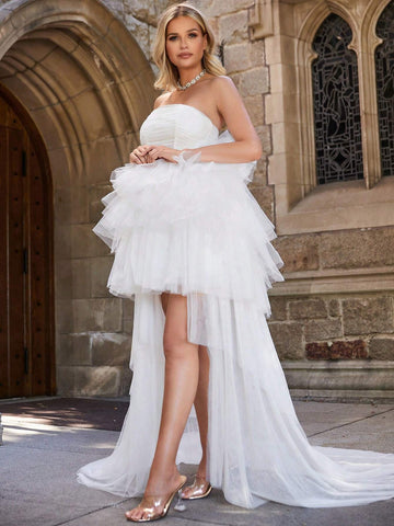 Off Shoulder Asymmetrical Hem Mesh Overlay Dress