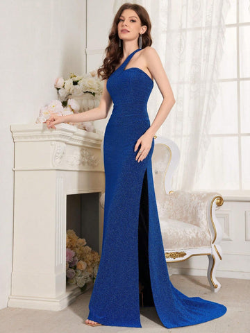 Off Shoulder Bandeau Slit Hem Evening Dress Gown