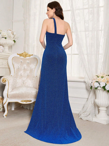 Off Shoulder Bandeau Slit Hem Evening Dress Gown