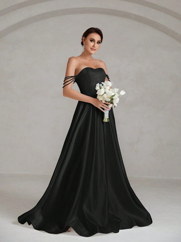 Off Shoulder Beaded Detail Satin Tube Wedding Dress