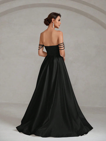 Off Shoulder Beaded Detail Satin Tube Wedding Dress