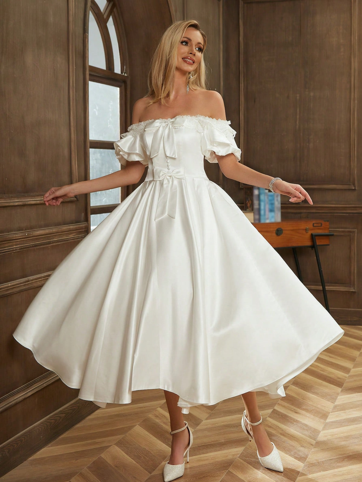 Off Shoulder Bow Front Puff Sleeve Wedding Dress