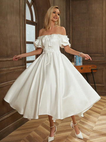 Off Shoulder Bow Front Puff Sleeve Wedding Dress