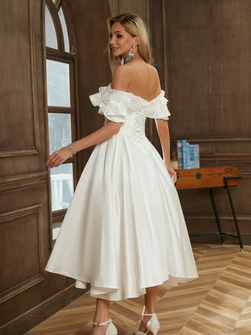 Off Shoulder Bow Front Puff Sleeve Wedding Dress