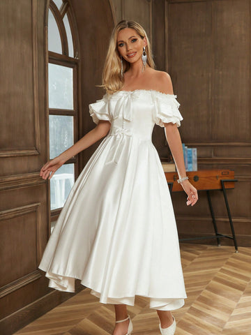Off Shoulder Bow Front Puff Sleeve Wedding Dress
