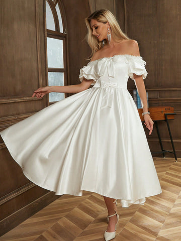 Off Shoulder Bow Front Puff Sleeve Wedding Dress