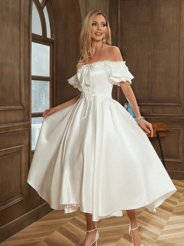 Off Shoulder Bow Front Puff Sleeve Wedding Dress