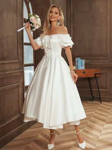 Off Shoulder Bow Front Puff Sleeve Wedding Dress