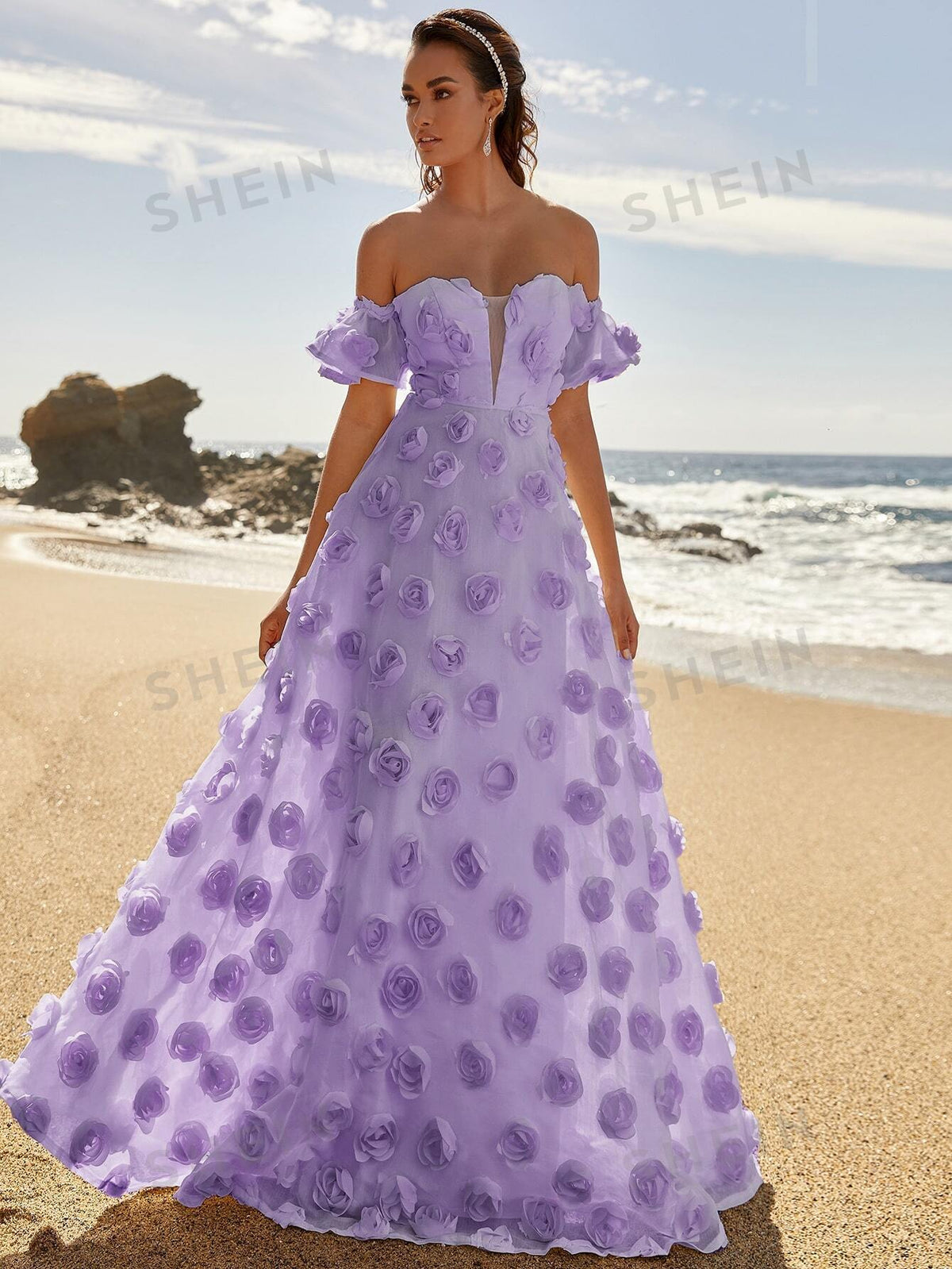 Off Shoulder Butterfly Sleeve Applique Formal Dress