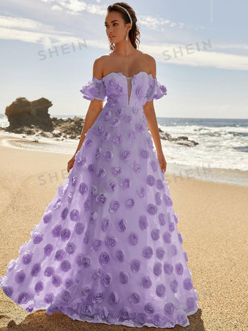 Off Shoulder Butterfly Sleeve Applique Formal Dress