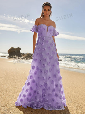 Off Shoulder Butterfly Sleeve Applique Formal Dress