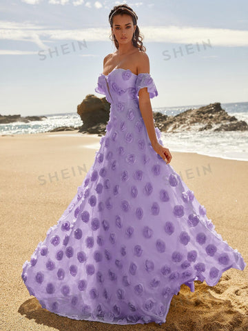 Off Shoulder Butterfly Sleeve Applique Formal Dress