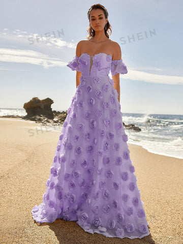 Off Shoulder Butterfly Sleeve Applique Formal Dress
