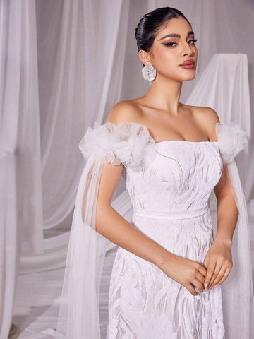 Off Shoulder Cloak Sleeve Floral Sequin Pattern Wedding Dress
