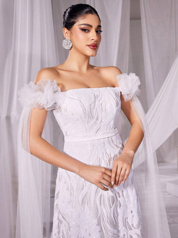 Off Shoulder Cloak Sleeve Floral Sequin Pattern Wedding Dress