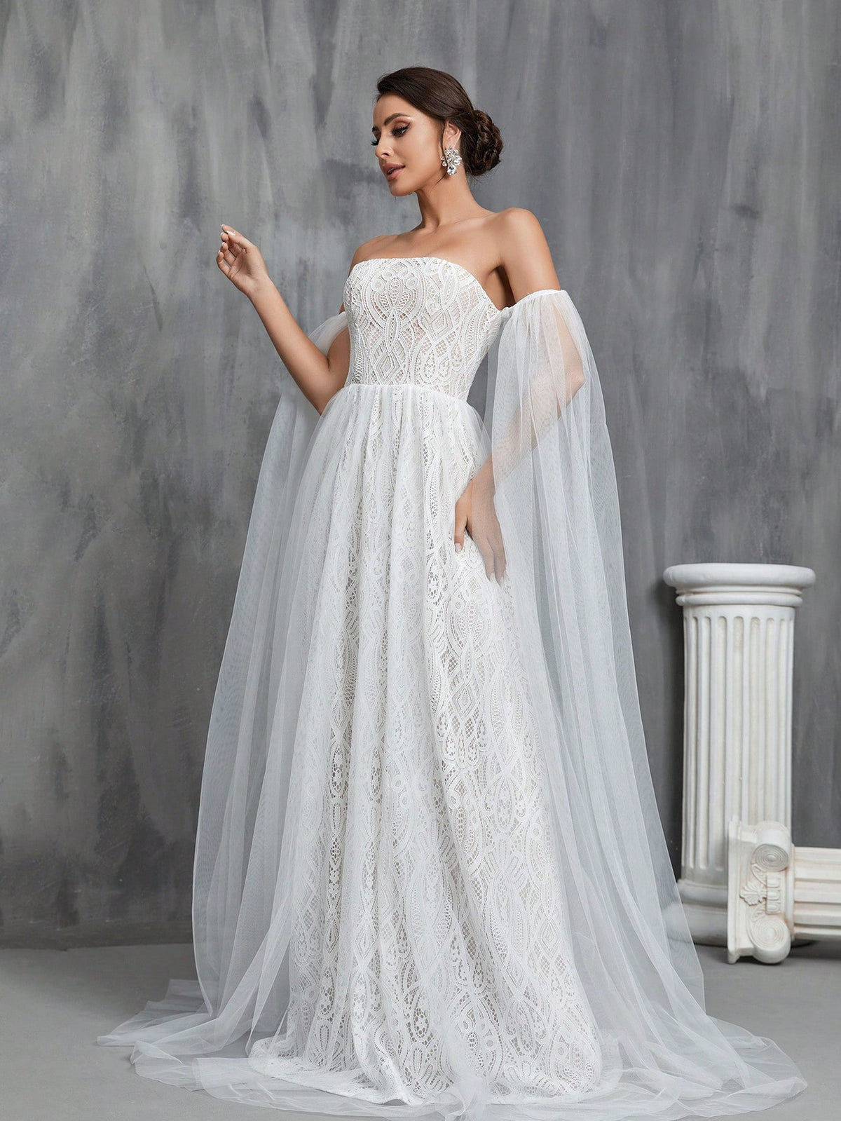 Off Shoulder Cloak Sleeve Lace Overlay Wedding Dress