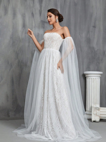 Off Shoulder Cloak Sleeve Lace Overlay Wedding Dress