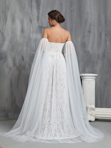 Off Shoulder Cloak Sleeve Lace Overlay Wedding Dress