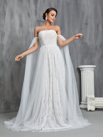 Off Shoulder Cloak Sleeve Lace Overlay Wedding Dress