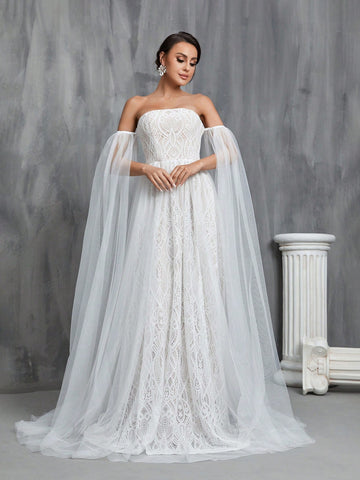 Off Shoulder Cloak Sleeve Lace Overlay Wedding Dress