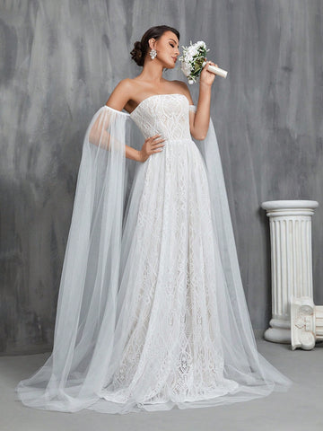 Off Shoulder Cloak Sleeve Lace Overlay Wedding Dress