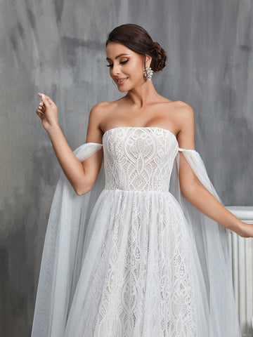 Off Shoulder Cloak Sleeve Lace Overlay Wedding Dress