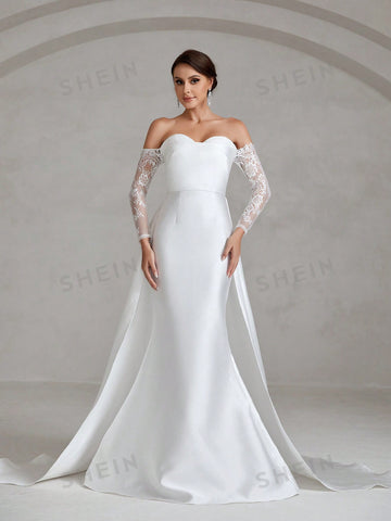 Off Shoulder Contrast Lace Mermaid Hem Wedding Dress