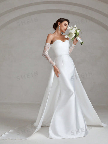 Off Shoulder Contrast Lace Mermaid Hem Wedding Dress