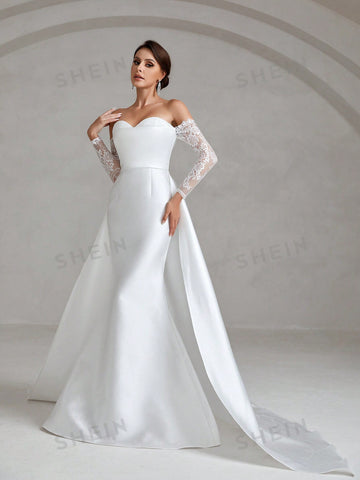 Off Shoulder Contrast Lace Mermaid Hem Wedding Dress