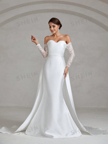 Off Shoulder Contrast Lace Mermaid Hem Wedding Dress