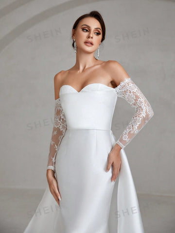 Off Shoulder Contrast Lace Mermaid Hem Wedding Dress