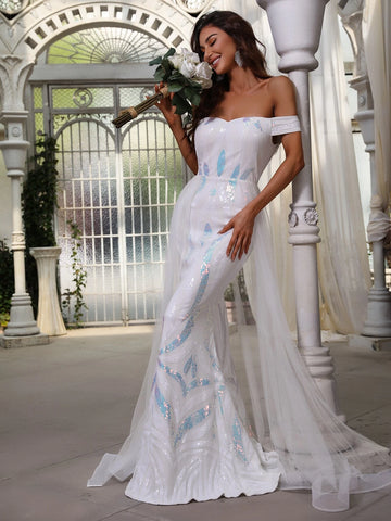 Off Shoulder Contrast Mesh Mermaid Hem Sequin Formal Dress
