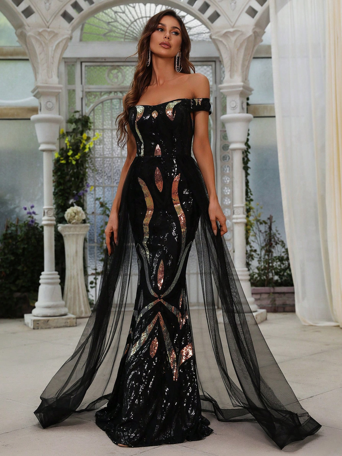 Off Shoulder Contrast Mesh Sequin Formal Dress