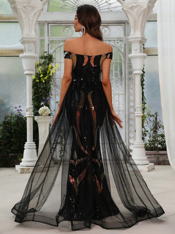 Off Shoulder Contrast Mesh Sequin Formal Dress