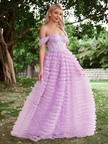 Off Shoulder Contrast Mesh Sequin Wedding Dress