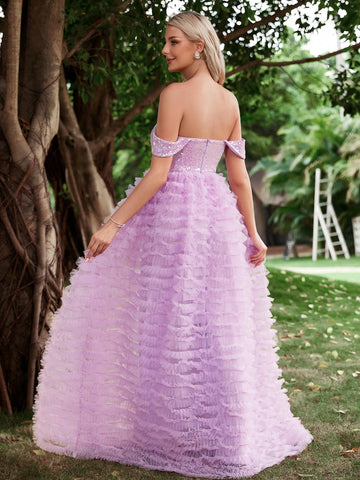 Off Shoulder Contrast Mesh Sequin Wedding Dress