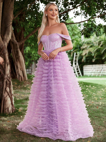 Off Shoulder Contrast Mesh Sequin Wedding Dress