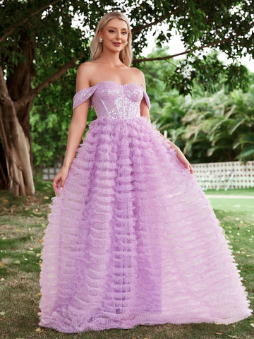 Off Shoulder Contrast Mesh Sequin Wedding Dress