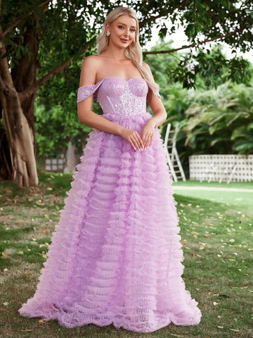 Off Shoulder Contrast Mesh Sequin Wedding Dress