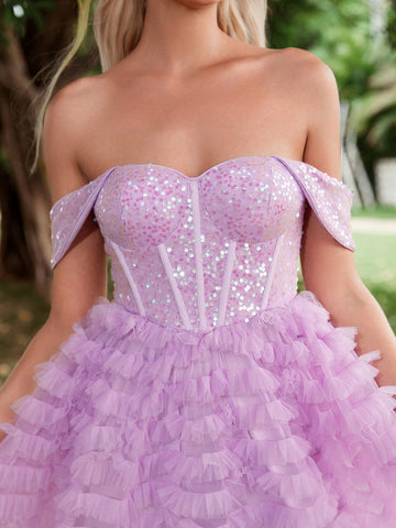 Off Shoulder Contrast Mesh Sequin Wedding Dress