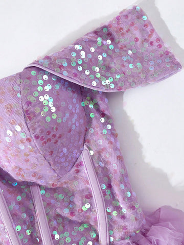 Off Shoulder Contrast Mesh Sequin Wedding Dress