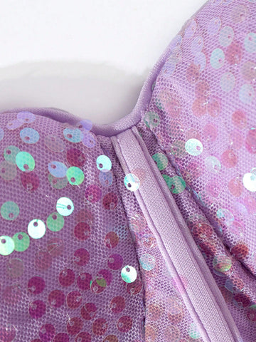 Off Shoulder Contrast Mesh Sequin Wedding Dress