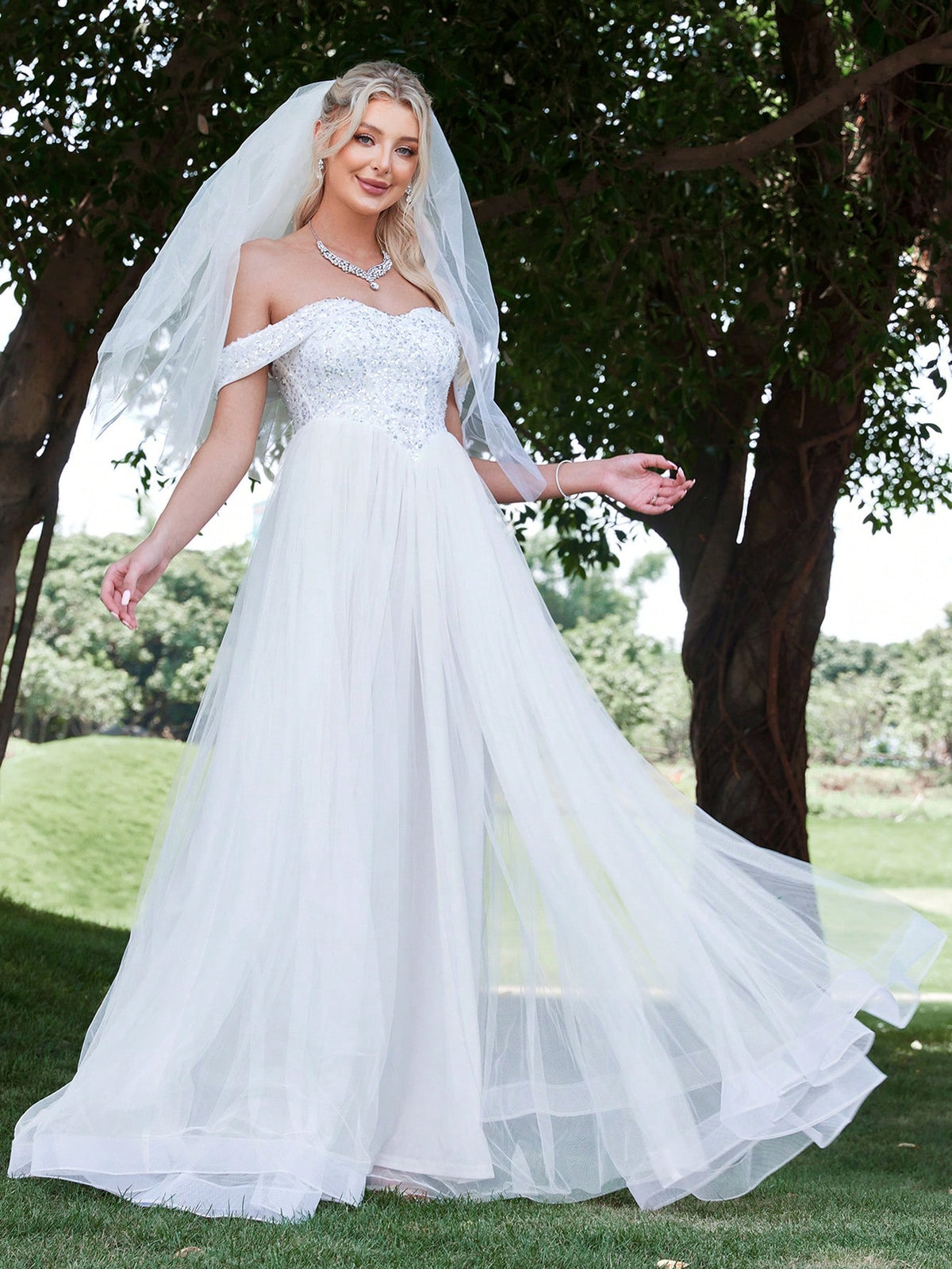 Off Shoulder Contrast Mesh Wedding Dress