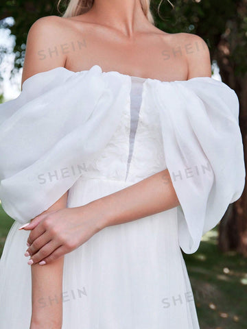 Off Shoulder Contrast Mesh Wedding Dress