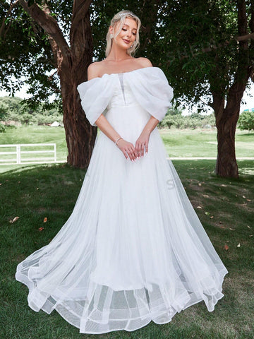 Off Shoulder Contrast Mesh Wedding Dress