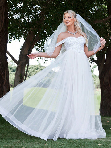 Off Shoulder Contrast Mesh Wedding Dress