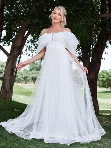 Off Shoulder Contrast Mesh Wedding Dress