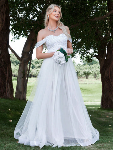 Off Shoulder Contrast Mesh Wedding Dress